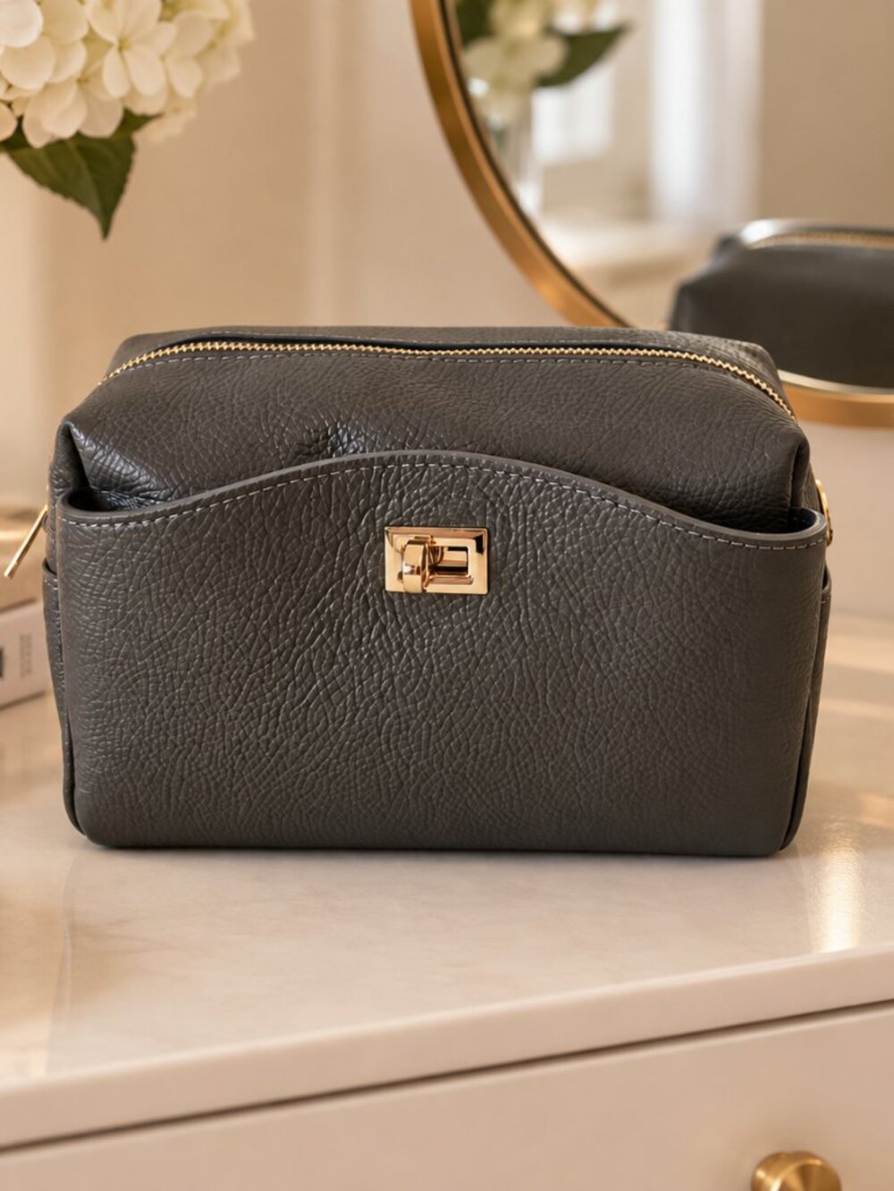 Grey Genuine Leather Crossbody Bag, Italian Leather Shoulder Bag